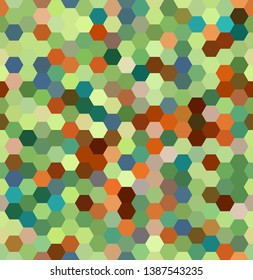 Seamless abstract mosaic background. Hexagons geometric background. Design elements. Vector illustration. Green, blue, brown colors.