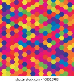 Seamless abstract mosaic background. Hexagons geometric background. Design elements. Vector illustration. Colorful background. Yellow, blue, green, pink, orange colors. 