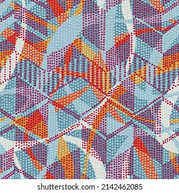 Seamless abstract mottled chevron pattern. Mosaic style background texture. Modern geometric rug ornament beads dynamic design with polygonals. Mixed dashed diamond graphic digital print.