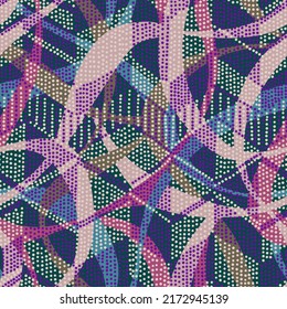 Seamless abstract mottled chevron pattern. Mosaic style background texture. Modern geometric rug ornament beads dynamic design with polygonals. Mixed dashed diamond graphic digital print.