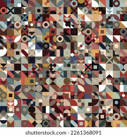 Seamless abstract multicolor pattern. Square blocks of simple geometric shapes. Mosaic style. Geometric hipster retro background.  Decorative vector illustration for textile, wrapping, print, and web.