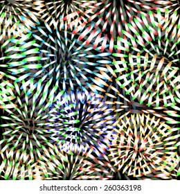 Seamless abstract multicolored pattern with fireworks on a dark background