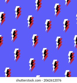 seamless abstract multicolored pattern on a blue background with the image of signs symbolizing lightning in a cartoon style for prints on fabrics, packaging, clothing and also for interior decoration