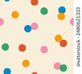 Seamless abstract multicolored polka dot pattern on a light background, hand drawn illustration 