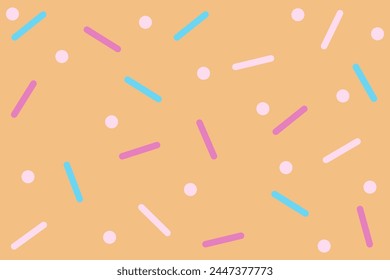 Nahtlose abstrakte mehrfarbige Streusel oben für Donuts. Rosa, Weiß, blaue Zahlen: Punkte und Linien. Handgezeichnete Vektorillustration auf gelbem Hintergrund für Banner, Bildschirmhintergrund, Textil, Verpackung
