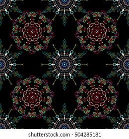 Seamless abstract multicolored tribal pattern. Hand drawn ethnic texture, flight of imagination.