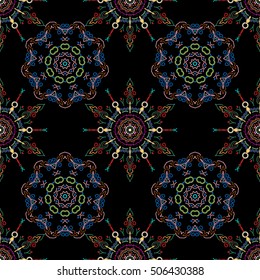 Seamless abstract multicolored tribal pattern. Hand drawn ethnic texture, flight of imagination.