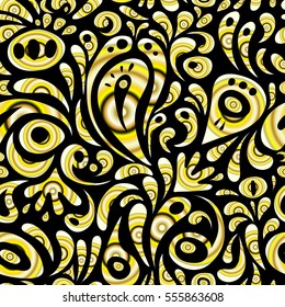 Seamless abstract multicolored tribal pattern on black background. Hand drawn ethnic texture, flight of imagination. Vector illustration.
