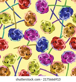 seamless abstract multicolour flower pattern on yellow background , greeting card or fabric