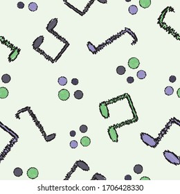 Seamless abstract musical pattern notes shapes and dots repeat endless background cover texture for textile, curtains, carpets, clothing, wallpapers, wrapping paper, fashion fabric prints