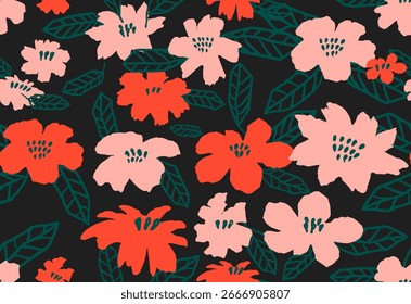 Padrão botânico natural abstrato sem emenda com flores, folhas, ramos. Estilo desenhado à mão de arte de Matisse. Design de vetor moderno monocromático colorido para capa, banner, papel de parede, tecido, impressão.