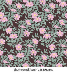 Seamless abstract natural floral pattern hand drawing on dark. Branch pink flower dog rose with leaves. Romantic background for textile, wrapping and wallpaper . Vector illustration