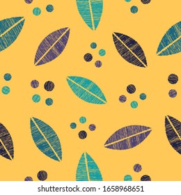 Seamless abstract nature pattern leaf shapes and dots repeat endless background cover texture for textile, clothing, wrapping paper, curtains, carpet, wallpapers, fashion fabric prints 