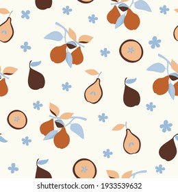 Seamless abstract  nature pattern on white  background. Plants, pears. Hand drawn elements. Design for textiles, wallpapers, packaging, printed products. Vector illustration