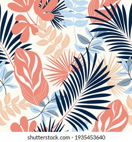 Seamless abstract nature pattern on white  background. Palm leaves. Hand drawn elements. Design for textiles, wallpapers, packaging, printed products. Vector illustration