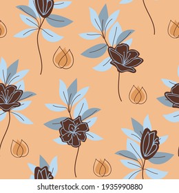 Seamless abstract nature pattern on light brown background. Flowers and leaves. Hand drawn elements. Design for textiles, wallpapers, packaging, printed products. Vector illustration