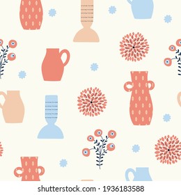 Patrón de naturaleza abstracta sin inconvenientes sobre fondo blanco. Vasos, flores y hojas. Elementos dibujados a mano. Diseño para textiles, papel pintado, embalaje, productos impresos. Ilustración del vector