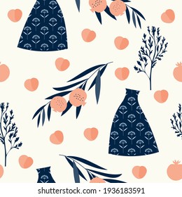 Seamless abstract nature pattern on white  background. Vases, flowers and leaves. Hand drawn elements. Design for textiles, wallpapers, packaging, printed products. Vector illustration