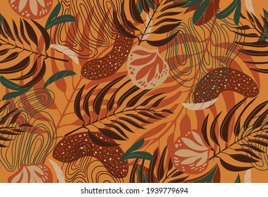Patrón de naturaleza abstracta sin inconveniente sobre fondo marrón. Plantas, hojas y formas exóticas. Elementos botánicos dibujados a mano. Diseño para textiles, papel pintado, embalaje, productos impresos. Vector 