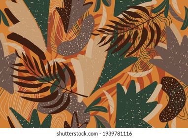 Seamless abstract nature pattern on brown background. Exotic plants, palm leaves and shapes . Hand drawn botanical elements. Design for textiles, wallpapers, packaging, printed products. Vector 