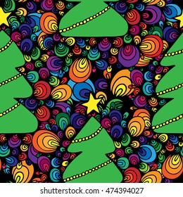 Seamless with abstract New Year tree with star and garland multicolor on the black background