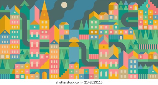 Nahtlose abstrakte Nacht Urban Vector Bauhaus Swiss Geometric City Design Hintergrund 