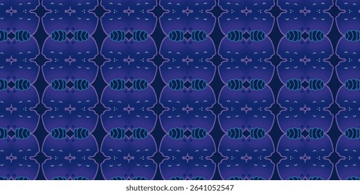Seamless abstract night-inspired pattern with deep blue and purple gradient, floral accents, and dreamy symmetrical motifs. Perfect for textile, wallpaper, or backdrop design.