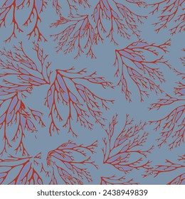 seamless abstract ocean corals red on blue floral background with leaves lines with textures branch irregular patterns