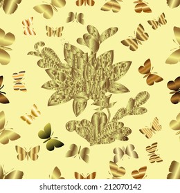 Seamless abstract on yellow background with golden gradient butterflies and flower. Seamless pattern for your design wallpapers, pattern fills, web page backgrounds, surface textures. 