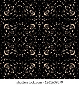 Seamless abstract openwork pattern, black lace on beige background. Guipure embroidered ornament of ornate curly elements. Vintage lacy tracery, elegant thick tulle texture. Crochet lace weave. Vector