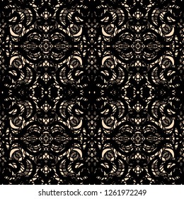 Seamless abstract openwork pattern, black lace on beige background. Guipure embroidered ornament of ornate curly elements. Vintage lacy tracery, elegant thick tulle texture. Gothic lace weave. Vector.