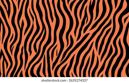 Seamless abstract orange and black tiger stripe pattern background, inspired by animal skin texture, ideal for textile design, wrapping paper, wallpapers, and vector-based modern graphic projects.