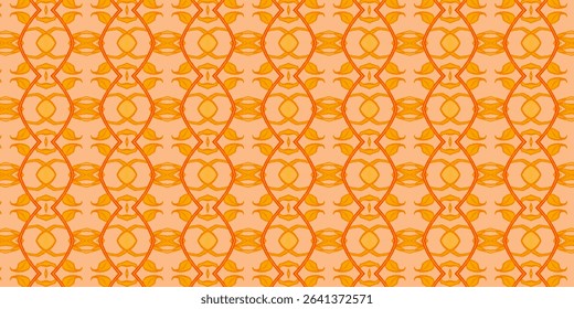 Seamless abstract orange design with floral and geometric leaf shapes. Ideal for textiles, packaging, and decor. Contains orange, abstract, seamless, leaf, pattern.
