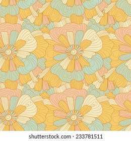 Seamless abstract orange hand-drawn waves and flowers pattern, wavy background. Seamless pattern can be used for wallpaper, pattern fills, web page background,surface textures.