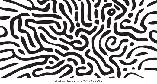 Ein nahtloses abstraktes organisches Labyrinth-Muster in Schwarz und Weiß mit fließenden, miteinander verbundenen Linien, die ein dynamisches und kompliziertes Design schaffen.