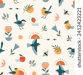 Seamless abstract organic pattern of nature elements with birds, flowers, fruit, plants, bees and geometric shapes.