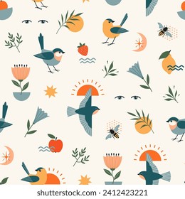 Seamless abstract organic pattern of nature elements with birds, flowers, fruit, plants, bees and geometric shapes.