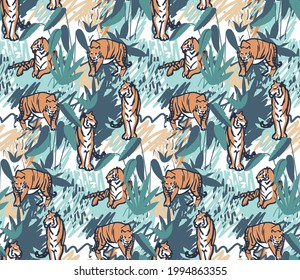 seamless abstract ornament, fabric surface design, wallpaper, depicting tigers in nature