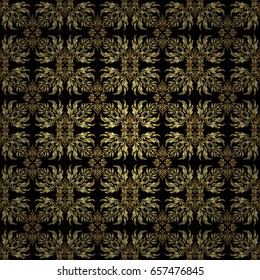 Seamless abstract ornament on black background with repeating elements. Black and golden pattern. Elegant vector classic seamless pattern.
