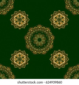 Seamless abstract ornament on green background with repeating elements. Green and golden pattern. Elegant vector classic seamless pattern.