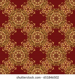 Seamless abstract ornament on red background with repeating elements. Red and golden pattern. Elegant vector classic seamless pattern.