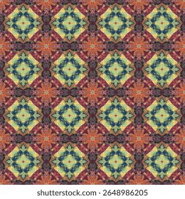 Seamless abstract ornamental pattern featuring a radiant diamond-shaped design. The vibrant combination of red, yellow, orange, and teal creates a dynamic and symmetrical tile, perfect for textiles, w
