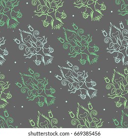 Seamless abstract ornamental pattern. 
Pastel ornament on gray background endless hand drawn vector illustration suitable for textile print