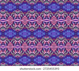 Padrão ornamental abstrato sem costura com simetria tribal e floral em tons roxos e pastéis, fundo repetitivo decorativo ideal para design têxtil, papel de parede e superfície.