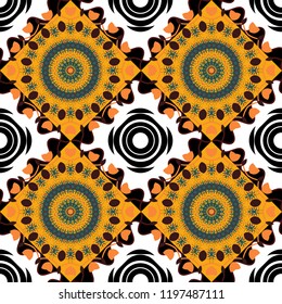 Seamless abstract ornament.Kerchief square pattern design in brown, orange and blue colors. Oriental style for fabric.