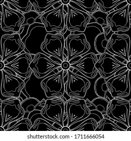 Elementos de contorno abstracto sin inconvenientes en colores blanco y negro. Patrón clásico de silueta del vector del amortiguador. Orient contorneó el fondo con elementos repetidos.