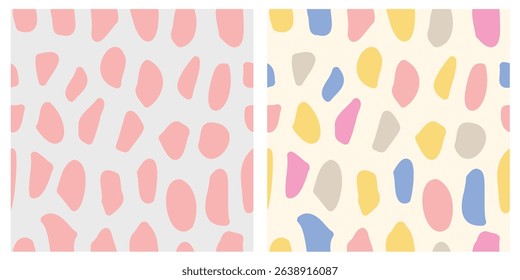 Seamless abstract pastel pattern collection with pink and multicolor organic blob shapes on soft gray and cream backgrounds for textile and surface design.

