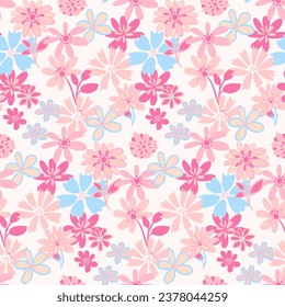 Seamless abstract pastel pink flowers pattern. Vector hand drawn. Doodle, cartoon, sketch, groovy floral print. Template for design, fashion, children, textile, fabric, wallpaper