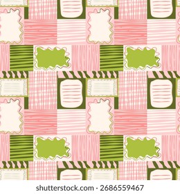 Padrão de colcha de retalhos abstrata sem costura. Cor-de-rosa e verde mão desenhada listras vetor fundo