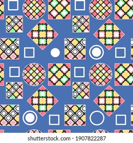 Seamless abstract patern with multicolored geometric shapes and isolated white elements on a blue background. Vector illustration